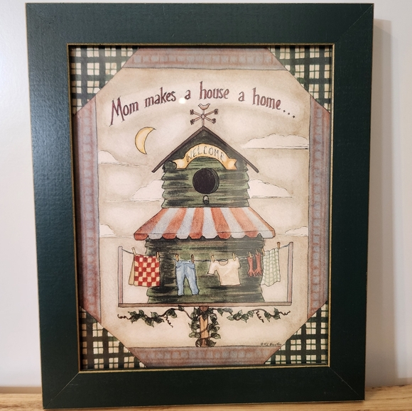 Other - Signed "Mom makes a house a home" Framed Wooden Watercolor Artwork 10"x12"